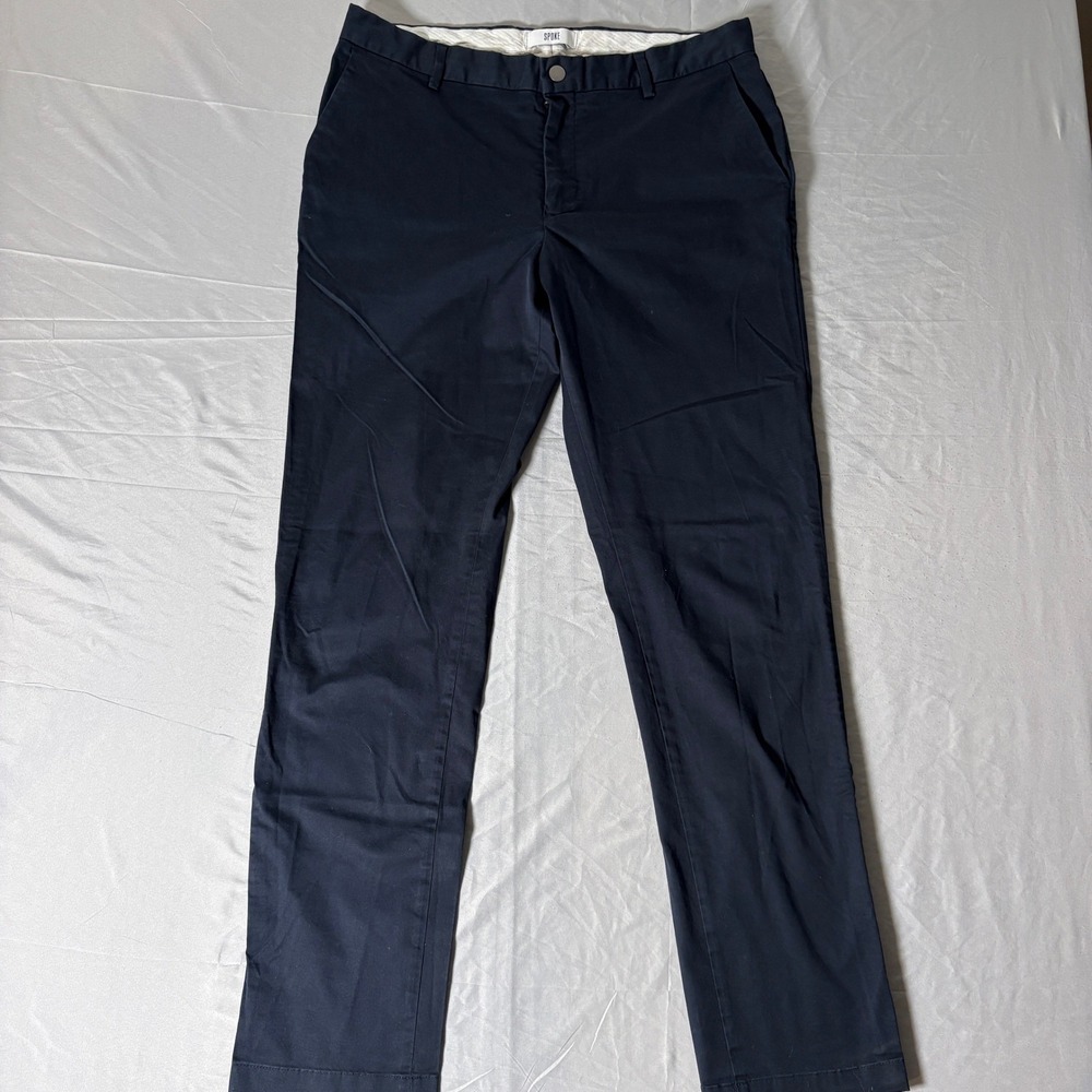 SPOKE London Sharps Navy Chinos Mens 34 Build B Slim Straight Stretch Trousers